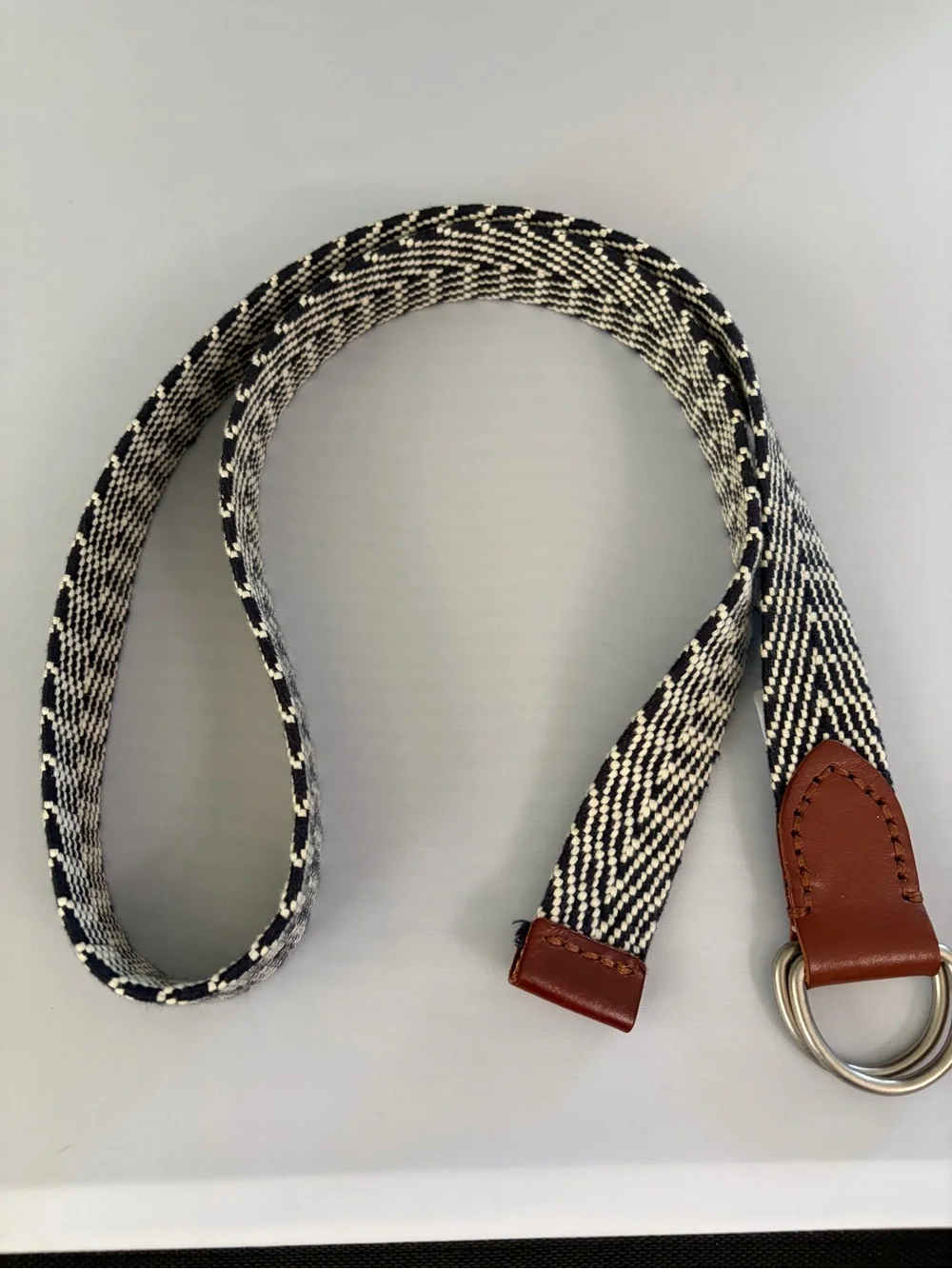 J. Crew Men's Navy and White Woven D-Ring Belt with Brown Leather Trim